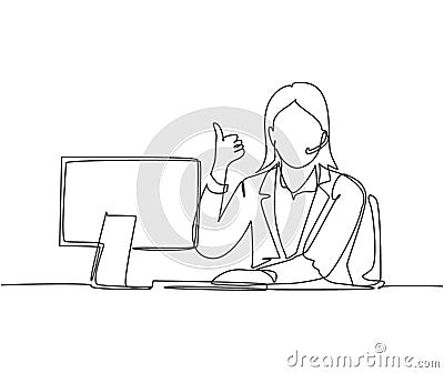 Single line drawing of young female call center worker sitting in front of computer and answering phone from customer. Customer Vector Illustration