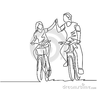 Single line drawing of young happy couple riding bicycle romantically holding hands together at outdoor park. Love relationship Vector Illustration