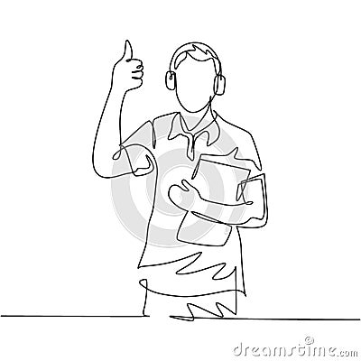 Single line drawing of young happy field project manager wearing headset and carrying clipboard while working. Field manager work Vector Illustration