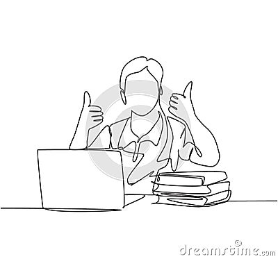 Single line drawing of young happy male college student study in the campus library beside stack of books and laptop. Education Vector Illustration