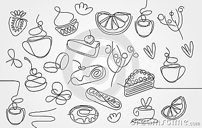Single line sweets and coffee icons. Hand drawing food sign set. Cafe design template. Cake, donut, orange, strawberry Vector Illustration