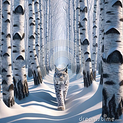 Single Lynx Wilderness Wintertime Birch Trees Snowy Pathway Forest Canada AI Generated Stock Photo