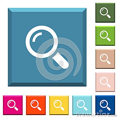 Single magnifier white icons on edged square buttons Stock Photo