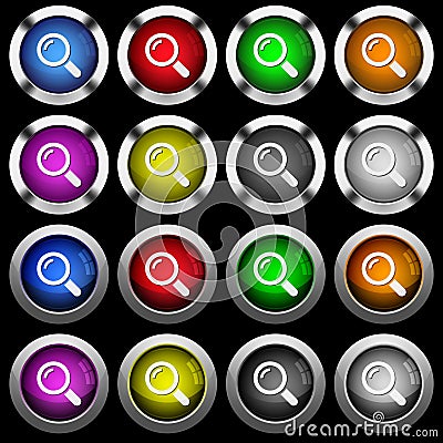 Single magnifier white icons in round glossy buttons on black background Stock Photo