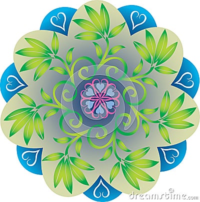 Single Mandala - Foliage Leaves Natural Green and Blue Colors Vector Illustration