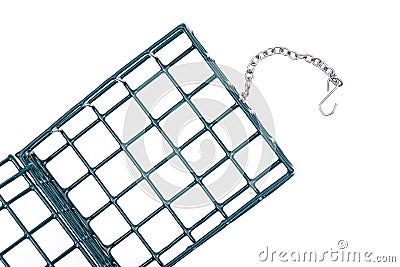 Single Metal Suet Wild Bird Feeder Cage isolated on white. With vinyl coated wire to protect birds feet. Stock Photo