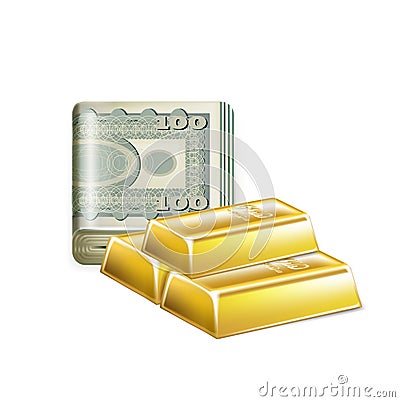 Single money stack folded with golden bars isolated Vector Illustration