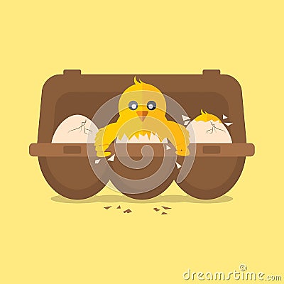 Single New Born Chick Hit The Egg. Vector Illustration