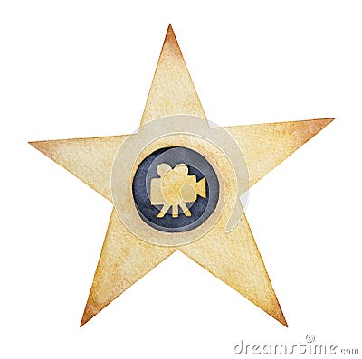 Golden star emblem with black circle and classic film camera silhouette inside as motion pictures representing. Stock Photo