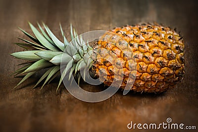 Single one full whole organic pineapple fruit on wooden background ripe fully grown mature, laid down on the side Stock Photo