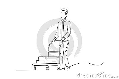 Baggage porter or bell boy bringing the suitcase of guests in luggage cart to the hotel room. Vector Illustration