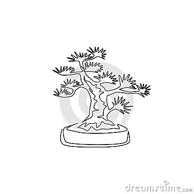 Single one line drawing of beauty and exotic mini bonsai tree for wall decor poster art print. Decorative potted old bend plant Cartoon Illustration