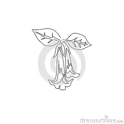 Single one line drawing of beauty fresh brugmansia for garden logo. Decorative angel trumpet flower concept for home decor wall Vector Illustration