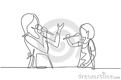 Single one line drawing cheerful mom and her little daughter singing while cooking together, using spatula and broccoli as Vector Illustration