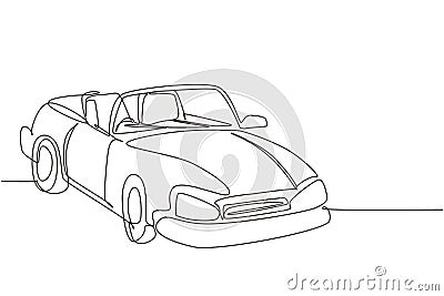 Single one line drawing classic retro convertible sports car logo icon. Outline symbol of collectors car and automotive. Vintage Vector Illustration