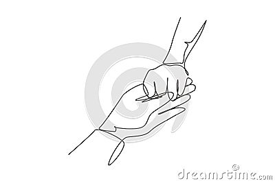 Single one line drawing close up couple hands man holding happy fiance hand after wedding proposal. Marriage celebration ceremony Vector Illustration