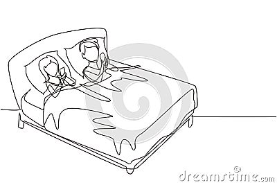 Single one line drawing couple lying in bed and looking at phone playing games on gadgets. Home leisure spare time. People Vector Illustration