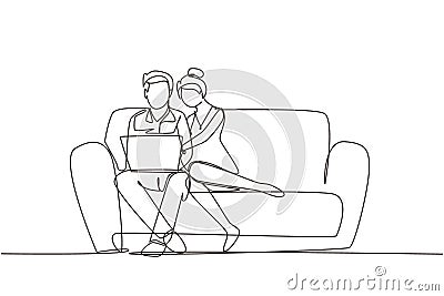 Single one line drawing cozy living room. Young couple gently cuddle on couch and watch movie on their laptop. Happy family life Vector Illustration