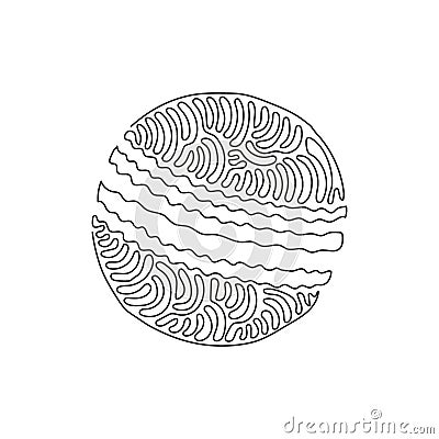Single one line drawing cricket ball leather hard circle stitch close-up. Sports equipment. Summer team sports. Swirl curl style Vector Illustration