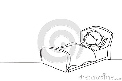 Single one line drawing cute boy sleeping on tonight dreams, good night and sweet dreams. Happy little child sleep in bed room. Vector Illustration