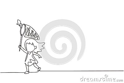 Single one line drawing cute little girl catches butterfly. Happy child runs at garden. Happy kids catching bugs in the field. Vector Illustration