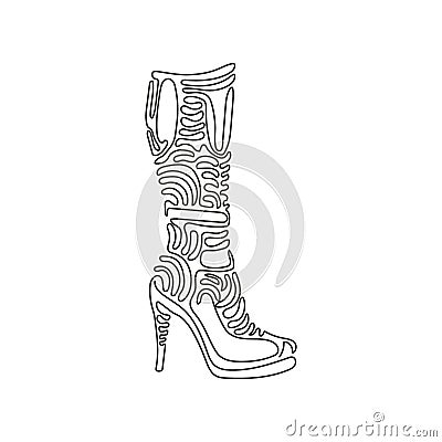 Single one line drawing fashionable women's boots. Autumn and winter female footwear. Knee high boots. Swirl curl style Vector Illustration