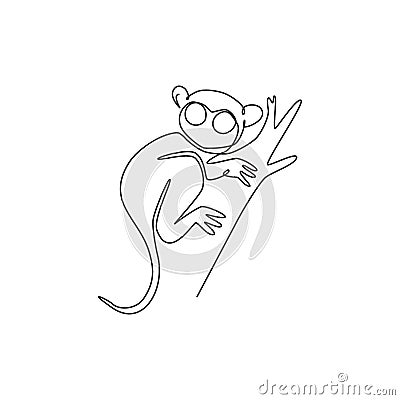 Single one line drawing of funny tarsier for foundation logo identity. Nocturnal primate animal mascot concept for pet lover club Vector Illustration