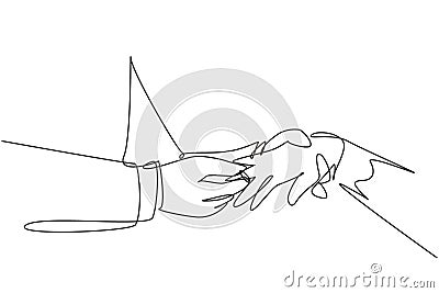 Single one line drawing groom puts ring on finger of bride. Bride and groom make vow of loyalty on their wedding day. Marriage Vector Illustration