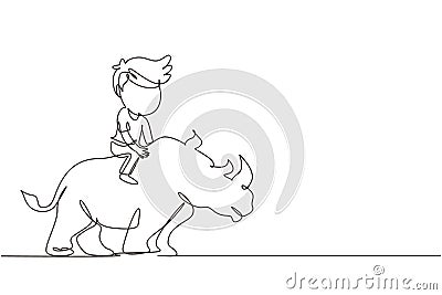 Single one line drawing happy boy riding rhino rhinoceros. Child sitting on back rhinoceros in zoo. Kids learning to ride Vector Illustration