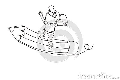 Single one line drawing happy girl sitting on flying pencil, get ready for studying. Kids riding on stationary. Back to school or Vector Illustration