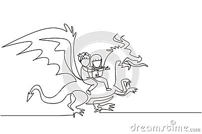 Single one line drawing happy little boy and girl flying with fantasy dragon together. Children fly and sitting on back dragon at Vector Illustration