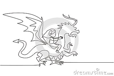 Single one line drawing happy little girl flying with fantasy dragon. Child fly and sitting on back dragon at the sky. Kids Vector Illustration