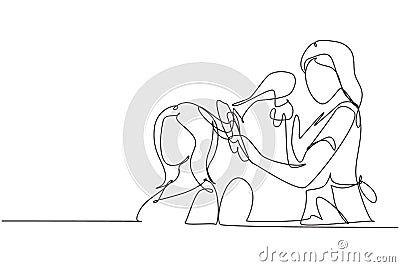 Single one line drawing happy young woman in hair salon. Going for change of style, discussing hairstyling with her hairdresser Vector Illustration