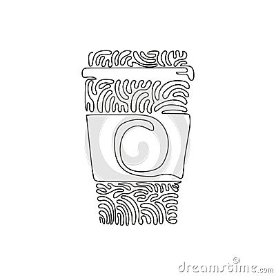 Single one line drawing hot coffee paper cup. Cold chocolate milk to crave for refreshing feeling. Swirl curl circle background Vector Illustration