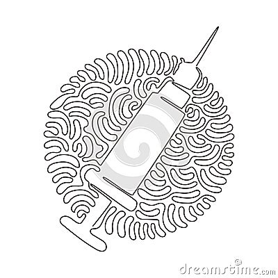 Single one line drawing injection syringe icon. Injection medical logo. Vaccine and medicine symbol. Swirl curl circle background Vector Illustration