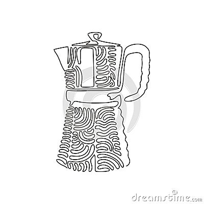 Single one line drawing Italian coffee maker, espresso machine, moka express, mocha coffee, moka pot. Coffee shop tools. Swirl Vector Illustration