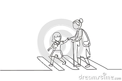 Single one line drawing little girl helps old woman to cross road at pedestrian crossing. Help grandmother crosswalk. Safety Vector Illustration