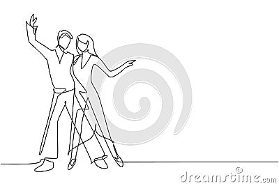 Single one line drawing man and woman professional dancer couple dancing tango, waltz dances on dancing contest dancefloor. Night Vector Illustration