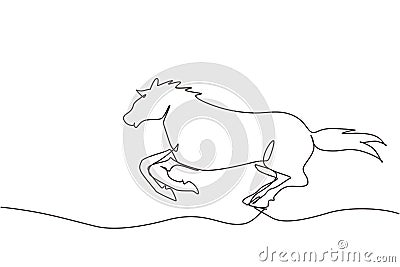 Single one line drawing running horse with long mane. Stallion lowered its head and gallops with legs stretched out. Vector black Vector Illustration