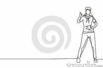 Single one line drawing of sailor woman stands with a thumbs-up gesture to be part of a cruise ship carrying passengers traveling Vector Illustration