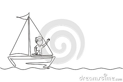 Single one line drawing smiling little boy in sailboat. Happy kids sailing boats. Cute little children on boat. Joyful adventures Vector Illustration