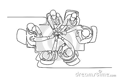 Single one line drawing of top view group of businessmen and businesswomen celebrating their successive goal at business meeting Cartoon Illustration