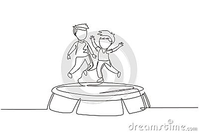 Single one line drawing two smiling boys jumping on trampoline together. Happy kids jumping on round trampoline. Active children Vector Illustration
