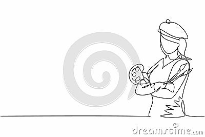Single one line drawing of young female posing cross arm painter artist hold color palette. Professional work profession Vector Illustration