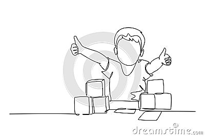 Single one line drawing young happy little boy playing stack of puzzle block on table and giving thumbs up gesture in kindergarten Cartoon Illustration