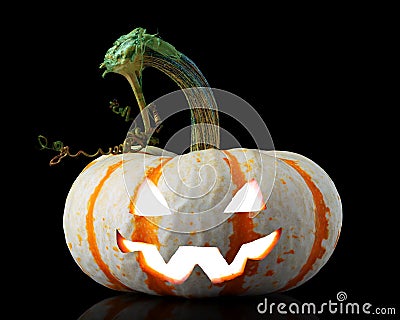 Single orange striped pumpkin jack-o-lantern on black Stock Photo