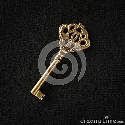 Single ornate skeleton key in gold. Concept for unlocking opportunities, finding solutions, or achieving goals Stock Photo