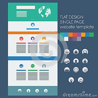 Single page website template, basic icons in Vector Illustration