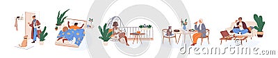 Single people living alone. Happy solo life and modern lonely lifestyle concept. Set of men and women spending time in Vector Illustration