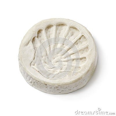 Single piece of French le Compostelle goats cheese close up on white background Stock Photo